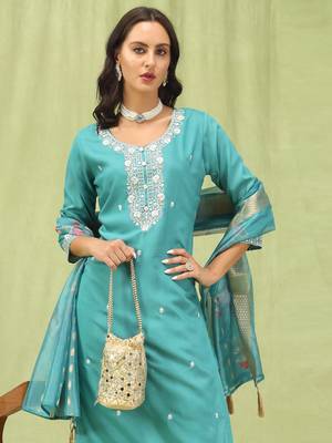 Teal embroidered viscose roman silk kurta sets 3
