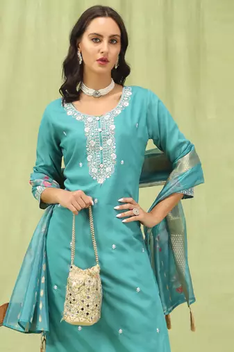 Teal embroidered viscose roman silk kurta sets
