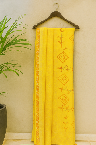 Yellow Hand Painted Khadi Handloom Saree With Blouse