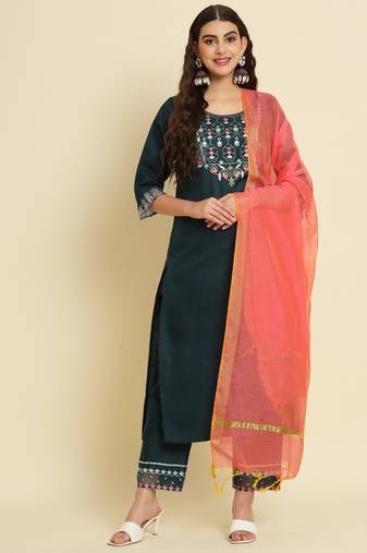 Teal embroidered silk blend salwar suit