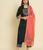 Teal embroidered silk blend salwar suit