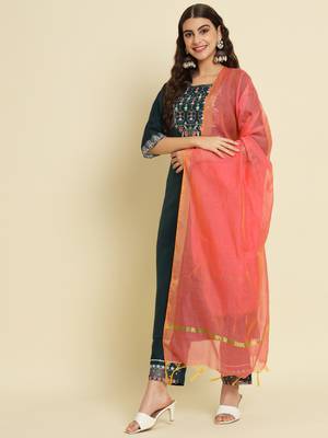Teal embroidered silk blend salwar suit 2