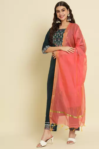 Teal embroidered silk blend salwar suit