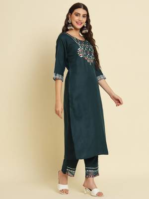 Teal embroidered silk blend salwar suit 3
