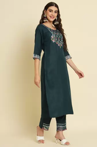 Teal embroidered silk blend salwar suit