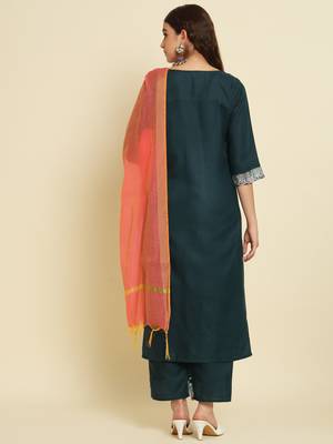 Teal embroidered silk blend salwar suit 4