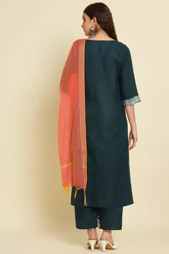 Teal embroidered silk blend salwar suit
