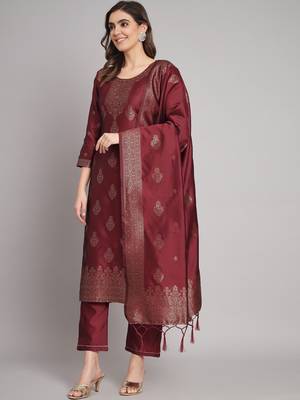 Maroom embroidered cotton silk jacquard salwar suit 1