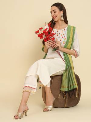 White embroidered silk blend salwar suit 2
