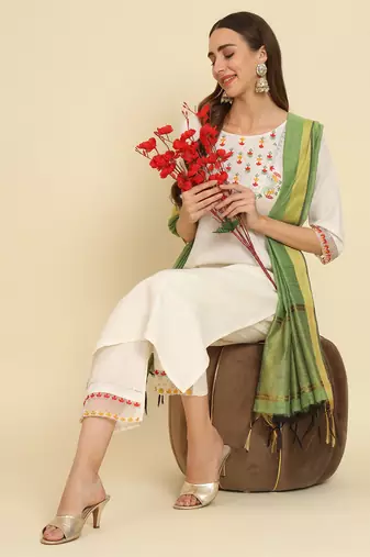 White embroidered silk blend salwar suit
