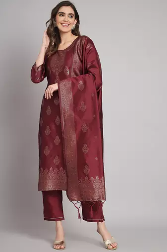 Maroom embroidered cotton silk jacquard salwar suit