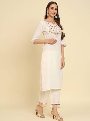 White embroidered silk blend salwar suit 3