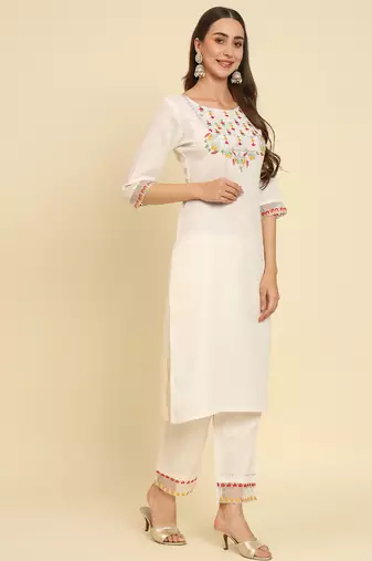 White embroidered silk blend salwar suit