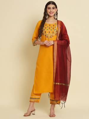 Yellow embroidered silk blend salwar suit 1