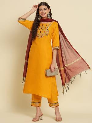 Yellow embroidered silk blend salwar suit 2