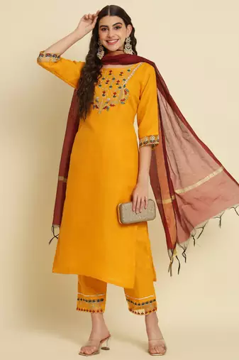 Yellow embroidered silk blend salwar suit