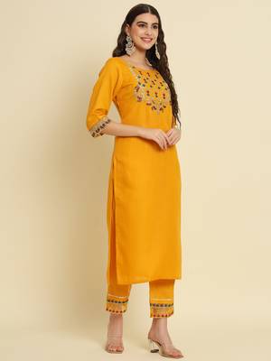 Yellow embroidered silk blend salwar suit 3