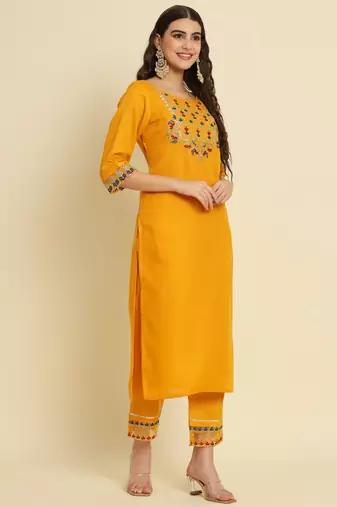 Yellow embroidered silk blend salwar suit