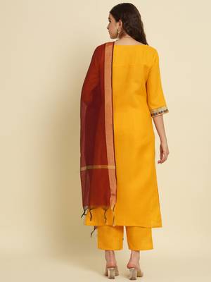 Yellow embroidered silk blend salwar suit 4