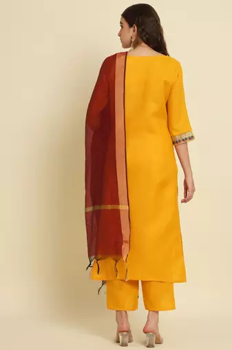 Yellow embroidered silk blend salwar suit