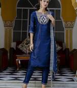 Nblue embroidered cotton silk blend salwar suit