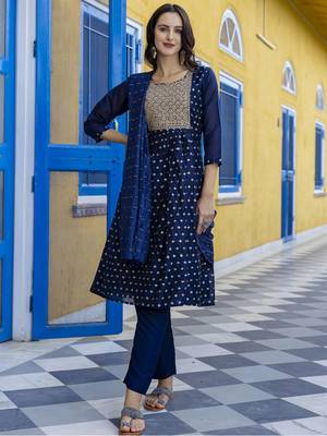 Nblue embroidered chanderi modal salwar suit 2