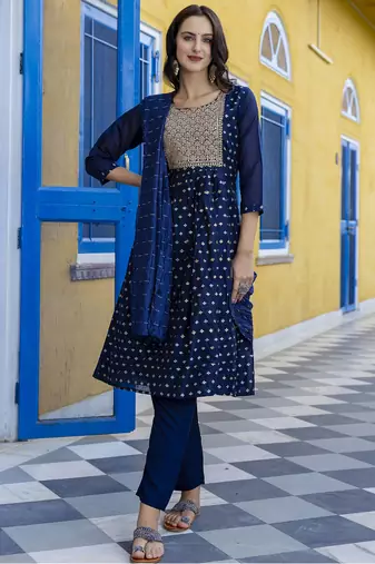 Nblue embroidered chanderi modal salwar suit
