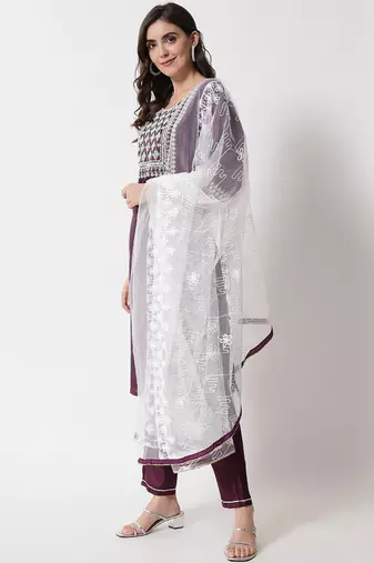 Purple embroidered silk blend salwar suit