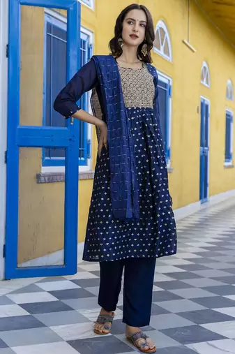 Nblue embroidered chanderi modal salwar suit