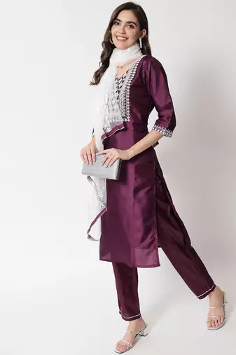 Purple embroidered silk blend salwar suit