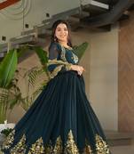 Teal Blue Faux Blooming Georgette Embroidery Sequins Work Long Kurti 