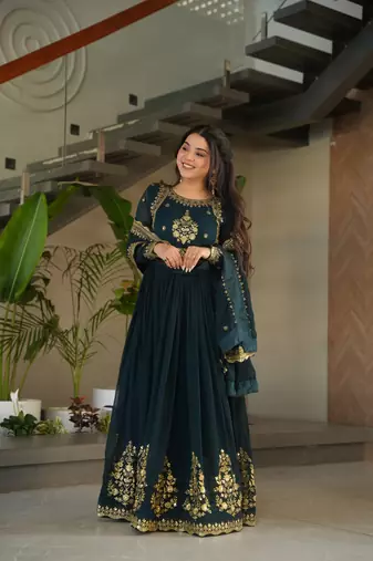 Teal Blue Faux Blooming Georgette Embroidery Sequins Work Long Kurti 