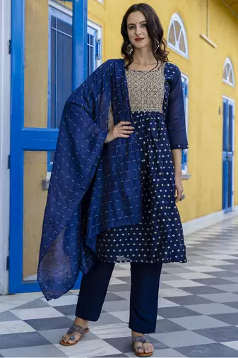 Nblue embroidered chanderi modal salwar suit