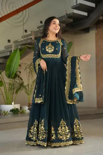 Teal Blue Faux Blooming Georgette Embroidery Sequins Work Long Kurti 