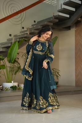 Teal Blue Faux Blooming Georgette Embroidery Sequins Work Long Kurti  6