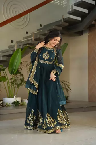 Teal Blue Faux Blooming Georgette Embroidery Sequins Work Long Kurti 