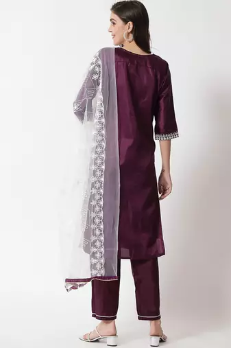 Purple embroidered silk blend salwar suit