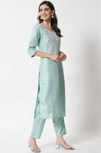 Sky blue embroidered silk blend salwar suit