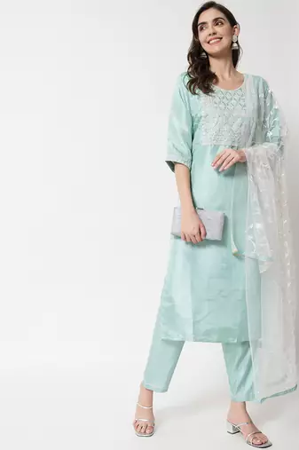 Sky blue embroidered silk blend salwar suit