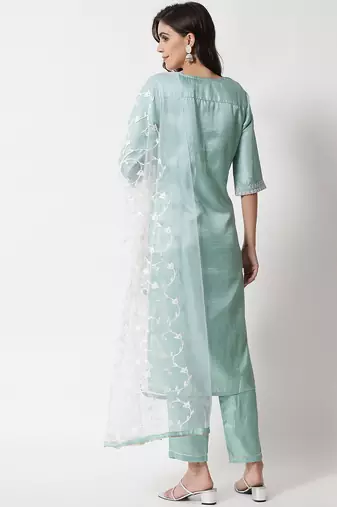 Sky blue embroidered silk blend salwar suit
