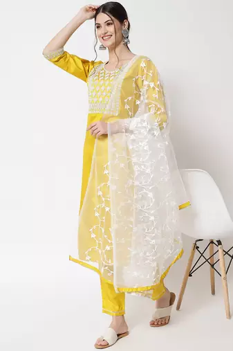 Yellow embroidered silk blend salwar suit