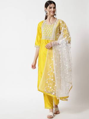 Yellow embroidered silk blend salwar suit 3