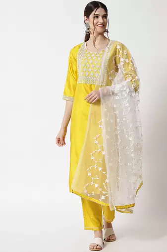 Yellow embroidered silk blend salwar suit