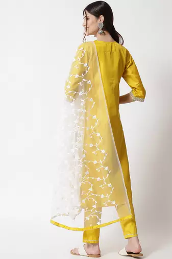 Yellow embroidered silk blend salwar suit