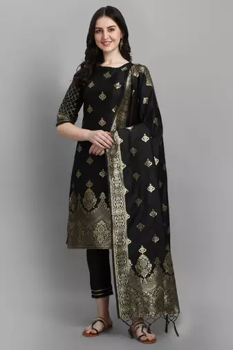 Black embroidered cotton silk jacquard salwar suit