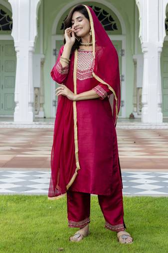 Cherry red embroidered cotton silk blend salwar suit