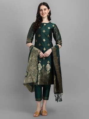 Green embroidered cotton silk jacquard salwar suit 1