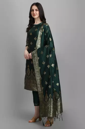 Green embroidered cotton silk jacquard salwar suit