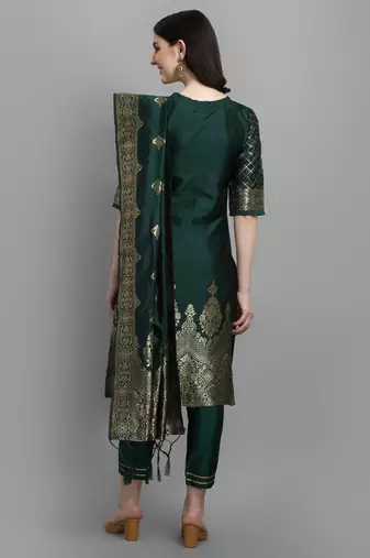 Green embroidered cotton silk jacquard salwar suit