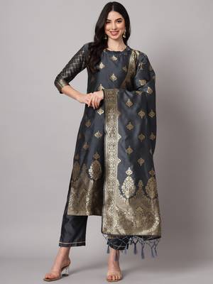Grey embroidered cotton silk jacquard salwar suit 1